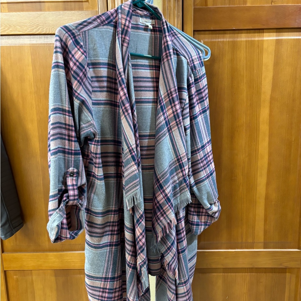Maurice’s L plaid hankerchief style jacket with fringe.